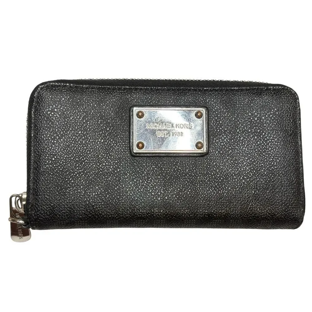 Michael Kors Black Saffiano Zip Around Wallet Silver Logo Plate Continental